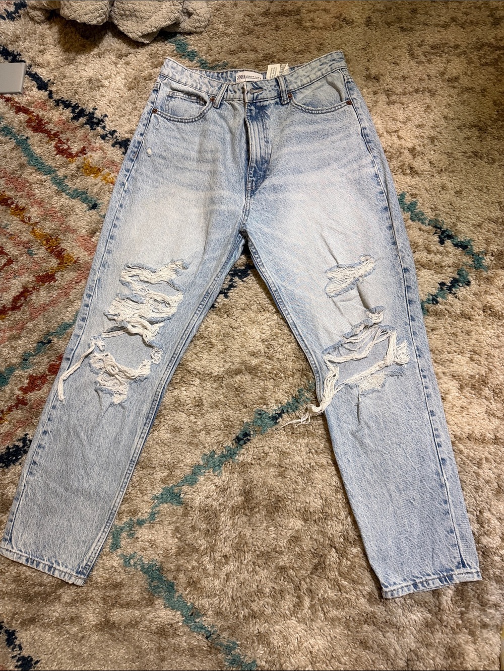 Zara Light Blue Ripped Boyfriend Jeans